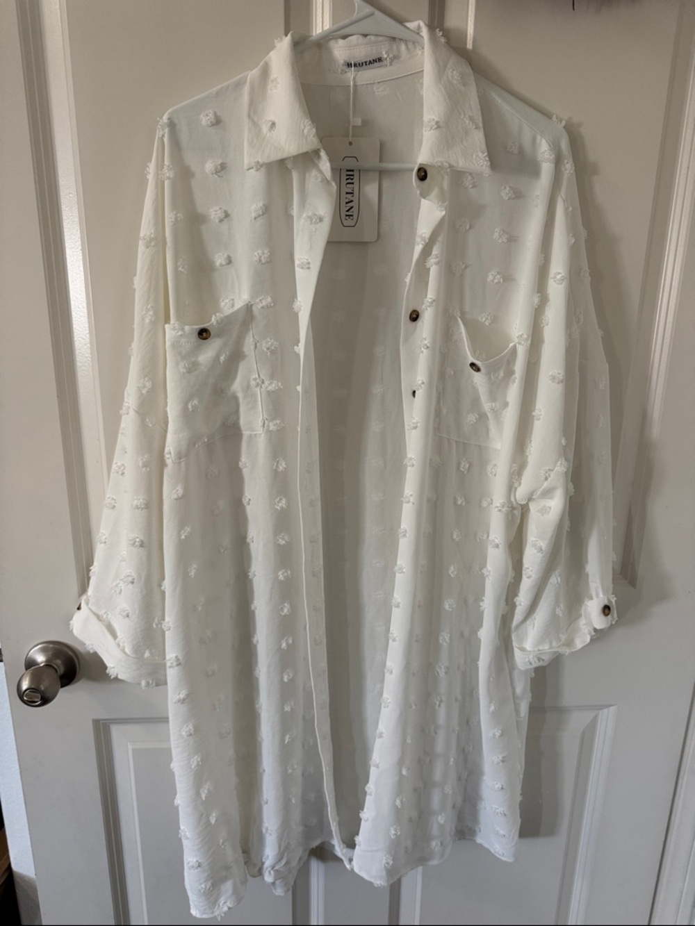 Vici White Sheer Swiss Dot Button-Front Swim Coverup